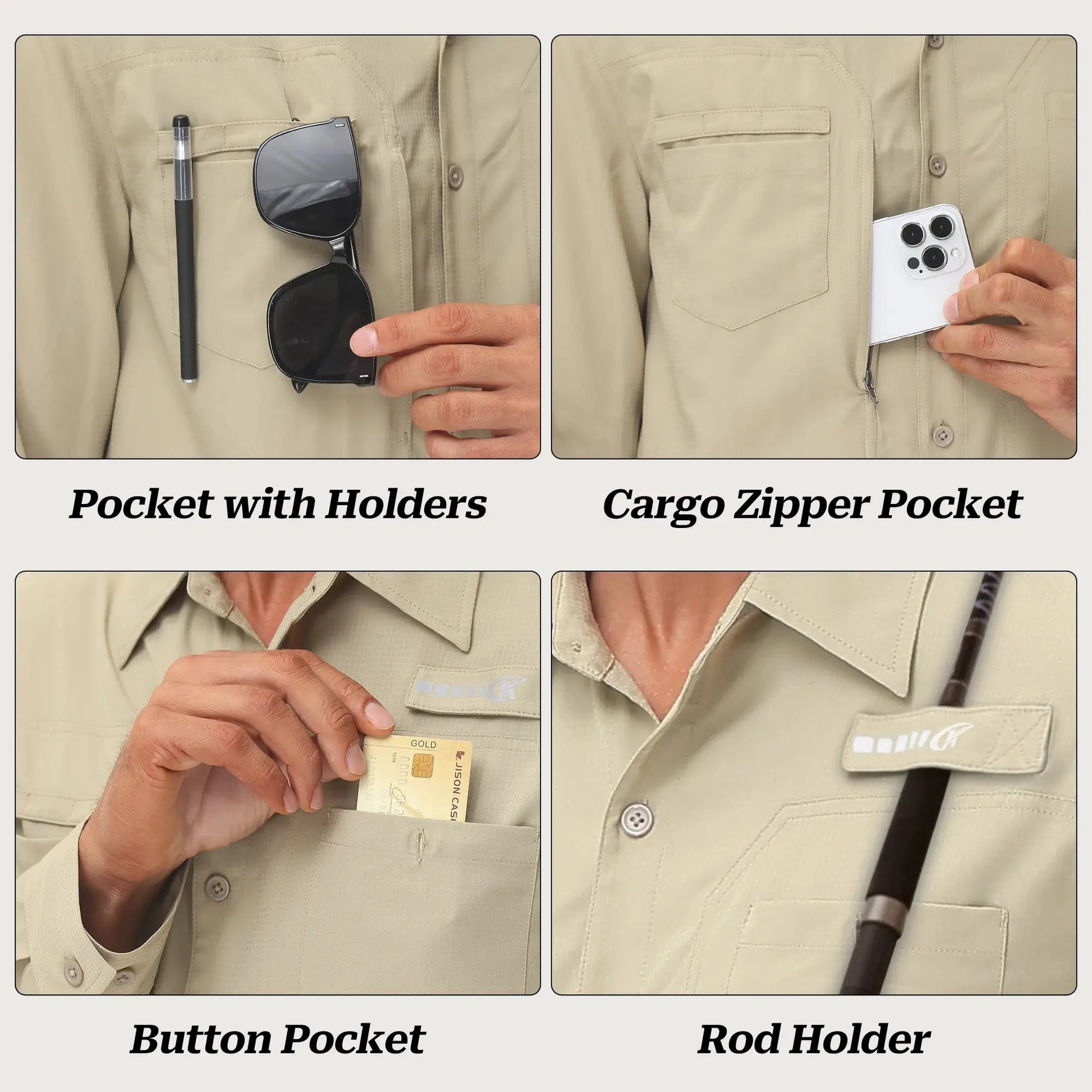Men's long-sleeve beige fishing shirt by Simples Market with UPF 50+ sun protection and zipper pocket