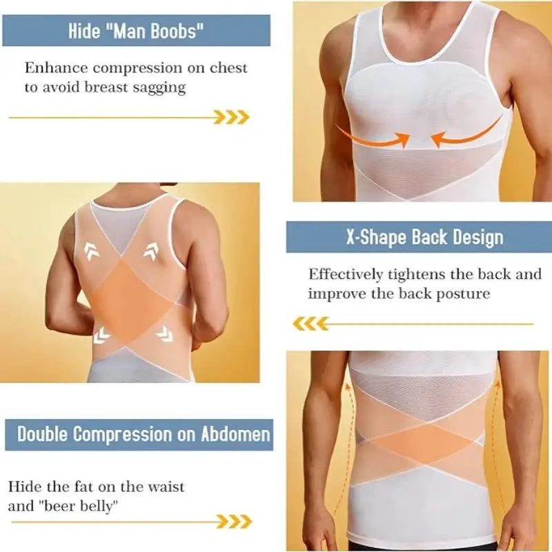 Men's compression undershirt by Simples Market with chest and abdomen control; white mesh with orange back panels