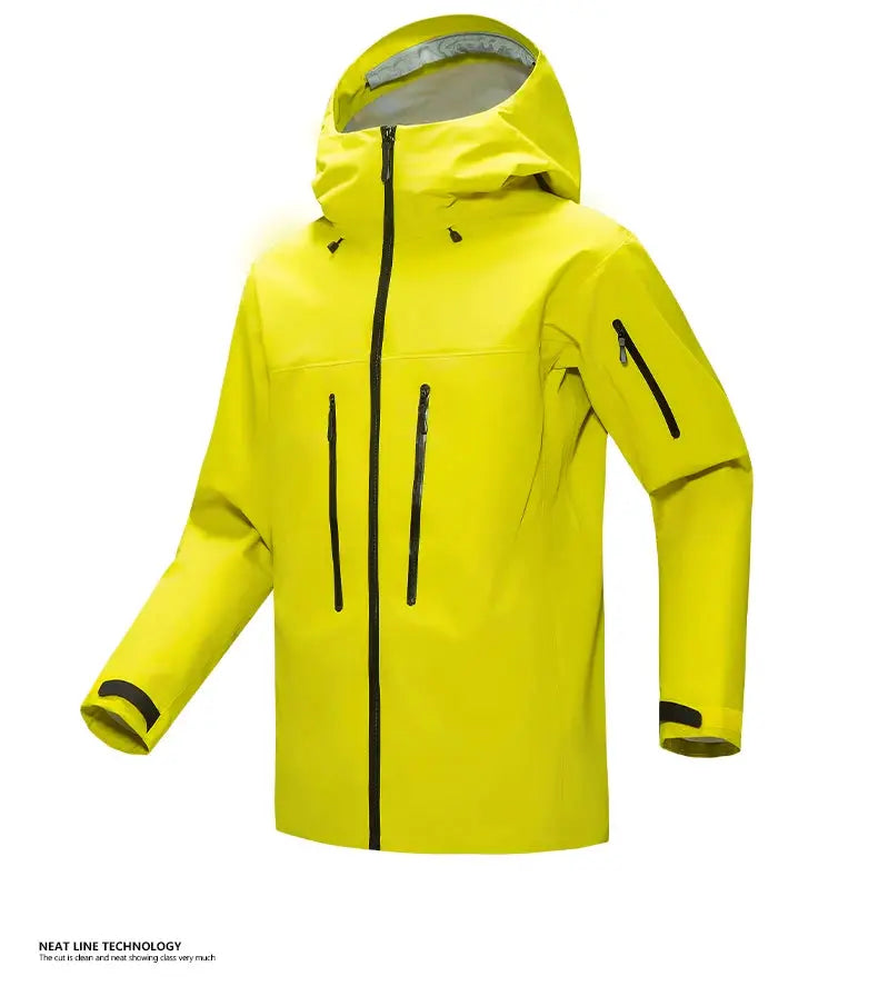 Men's windproof hooded jacket in bright yellow with black zip pockets; full-zip front and vertical chest pockets.