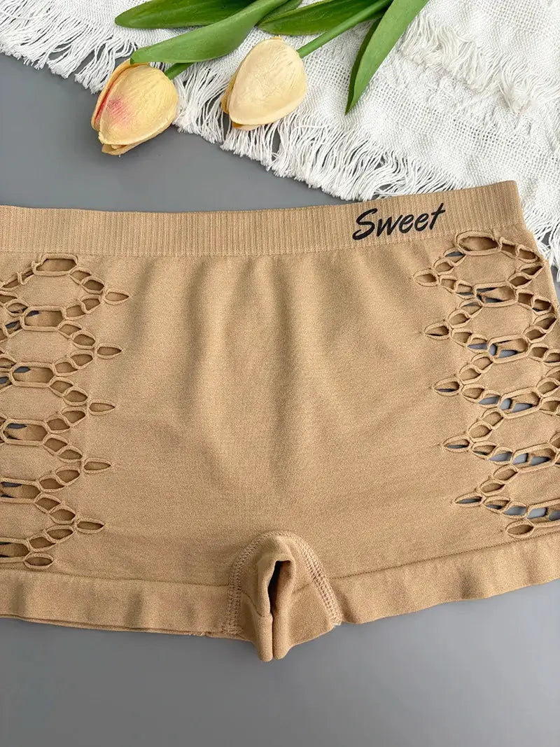 Beige seamless underpants with side lattice mesh panels and Sweet waistband logo