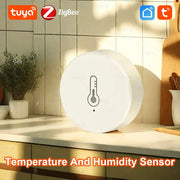 Tuya ZigBee temperature and humidity sensor, white round hygrometer on kitchen counter