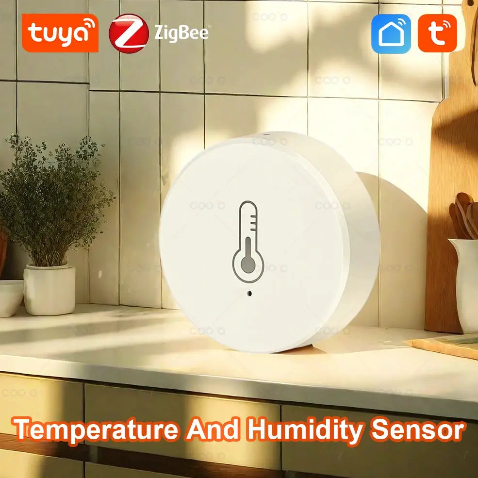 Tuya ZigBee temperature and humidity sensor, white round hygrometer on kitchen counter