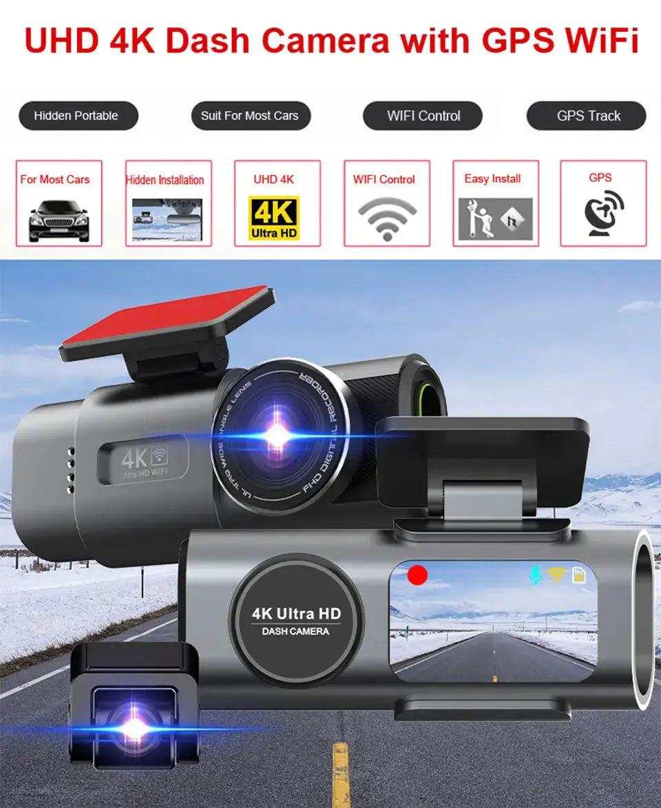 Dash cam system with front 4K camera and optional rear lens, GPS, WiFi, night vision in black car DVR