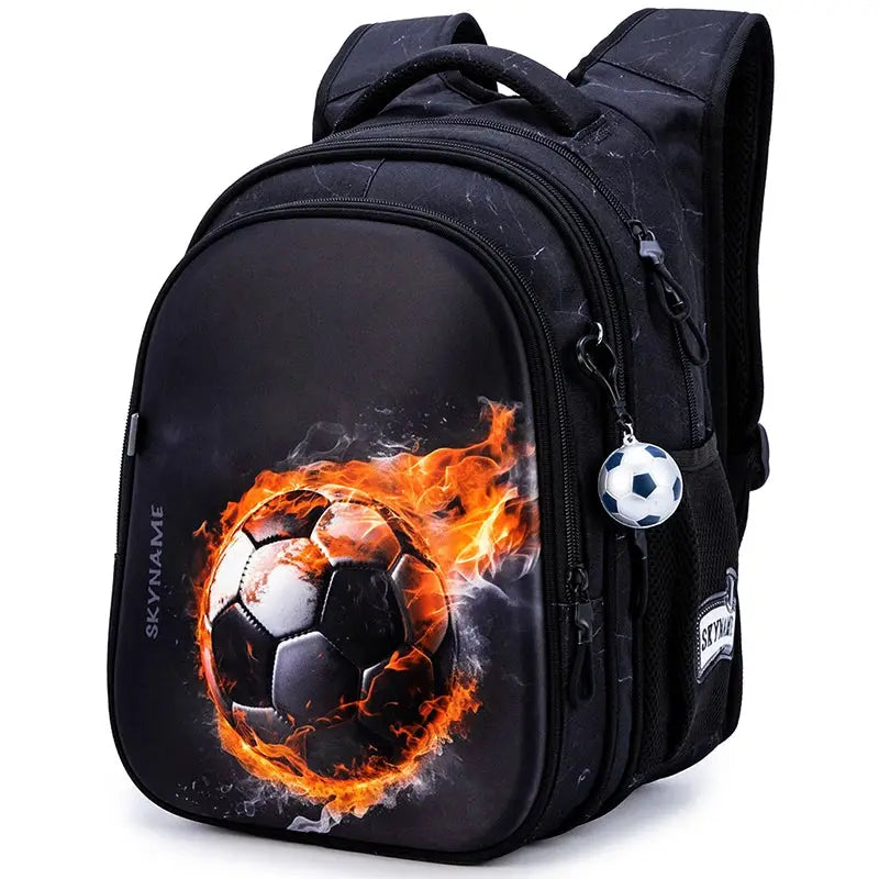 New children school backpack for boys by Simples Market, black waterproof bag with flaming soccer ball graphic