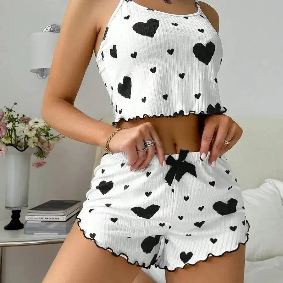 DreamWeave Heart Print Sleeveless Cami Vest And Long Pants Pajama Set Soft Stretch Knit For All Night Comfort