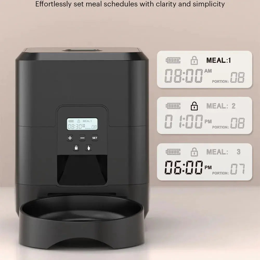 Smart Pet Feeder by Simples Market, black automatic cat and dog food dispenser with timer and bowl