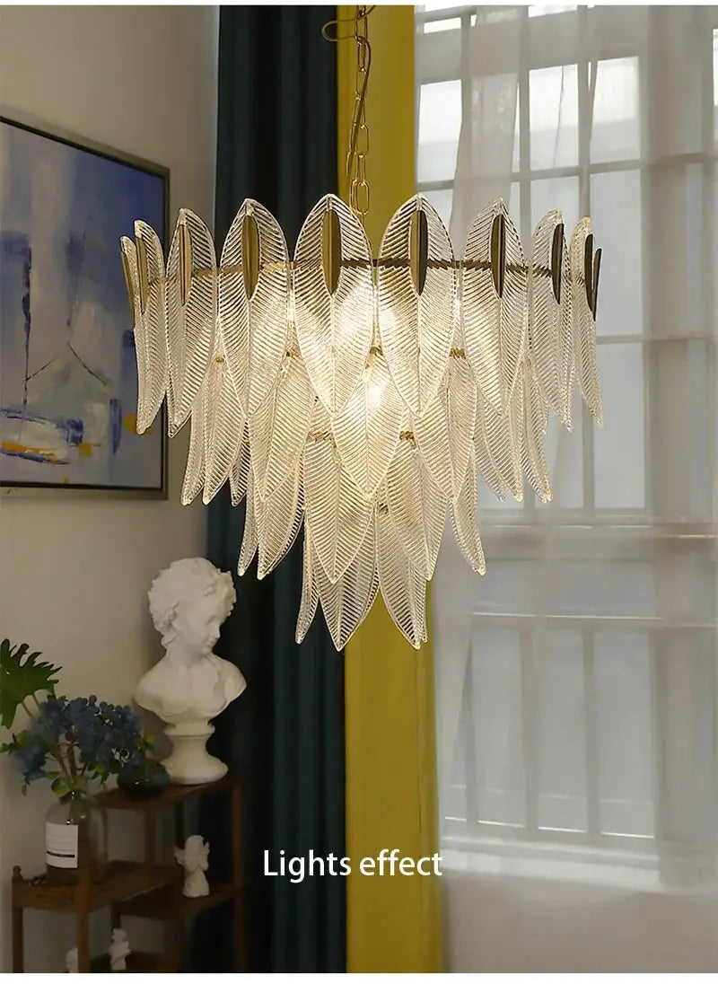 Glass leaf chandelier pendant lamp with clear crystal leaves
