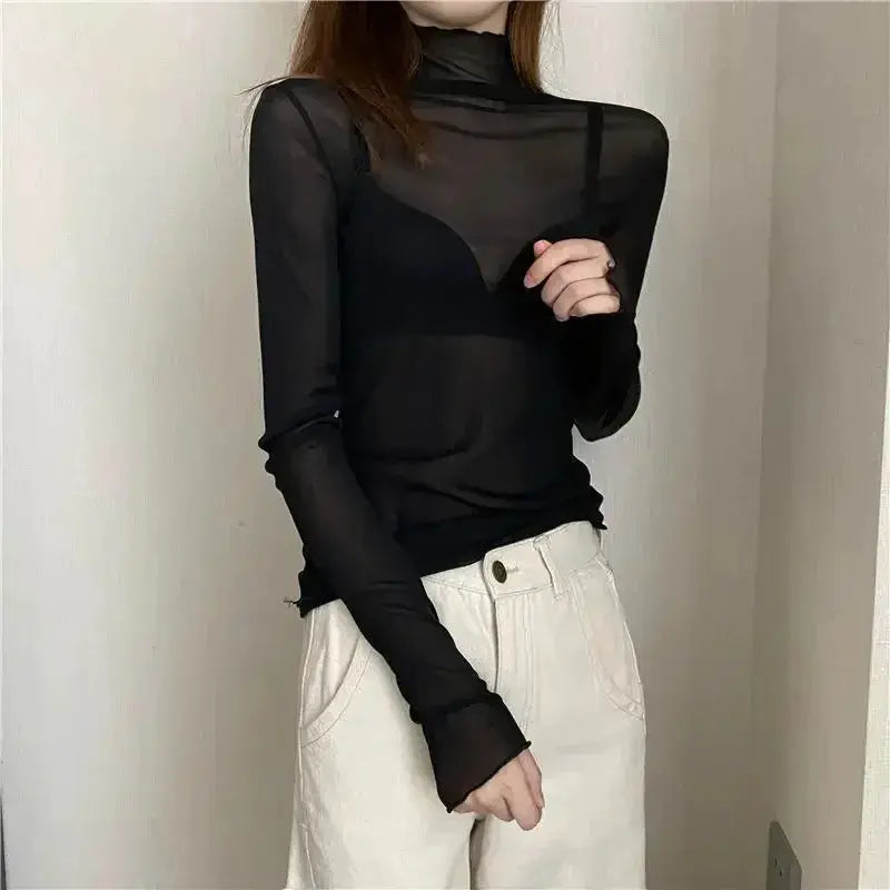 LaceLuxe Women Floral Lace Shirt Mock Neck With Mesh Bottoming Layer For Spring And Autumn Flattering Sheer Look