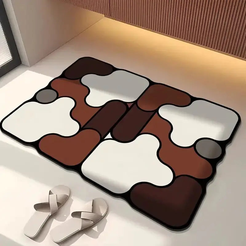 Special-shaped diatom mud bathroom mat in brown and white, anti-slip and absorbent floor mat.