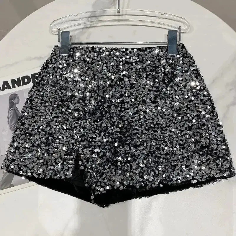 Sequin-embellished black shorts for women, stylish clubwear
