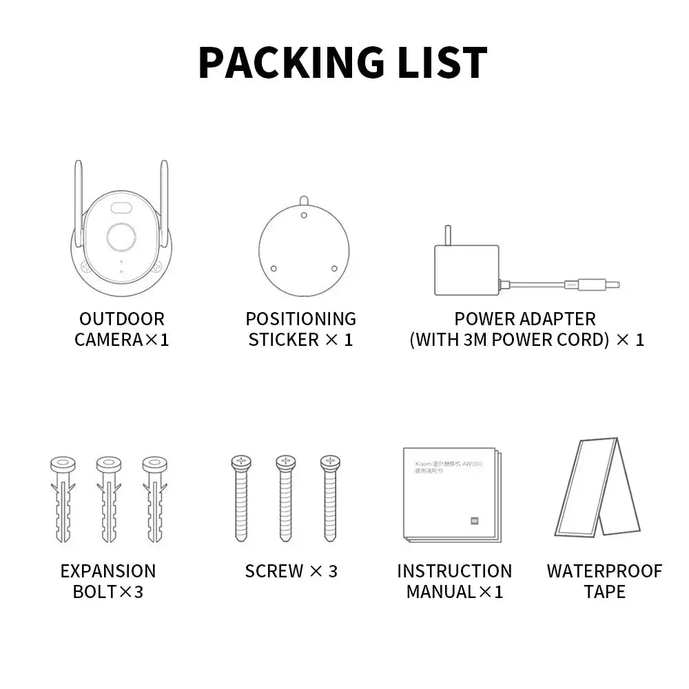 Xiaomi Mijia AW300 camera kit: camera x1, sticker x1, power adapter x1, bolts x3, screws x3, manual x1, waterproof tape