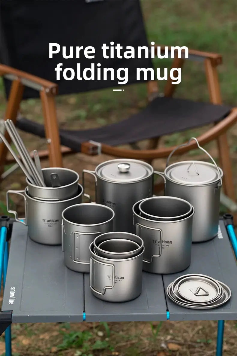 Tiartisan titanium camping mug set with folding handles for hiking and travel, outdoors