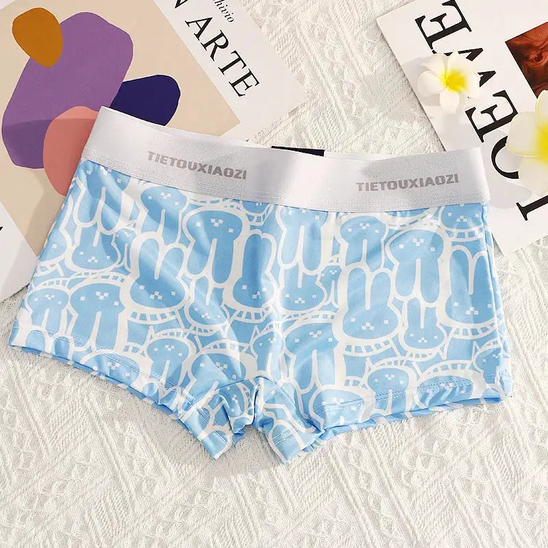Women’s seamless blue boyshorts underwear with a white waistband and TIETOUXIAOZI logo