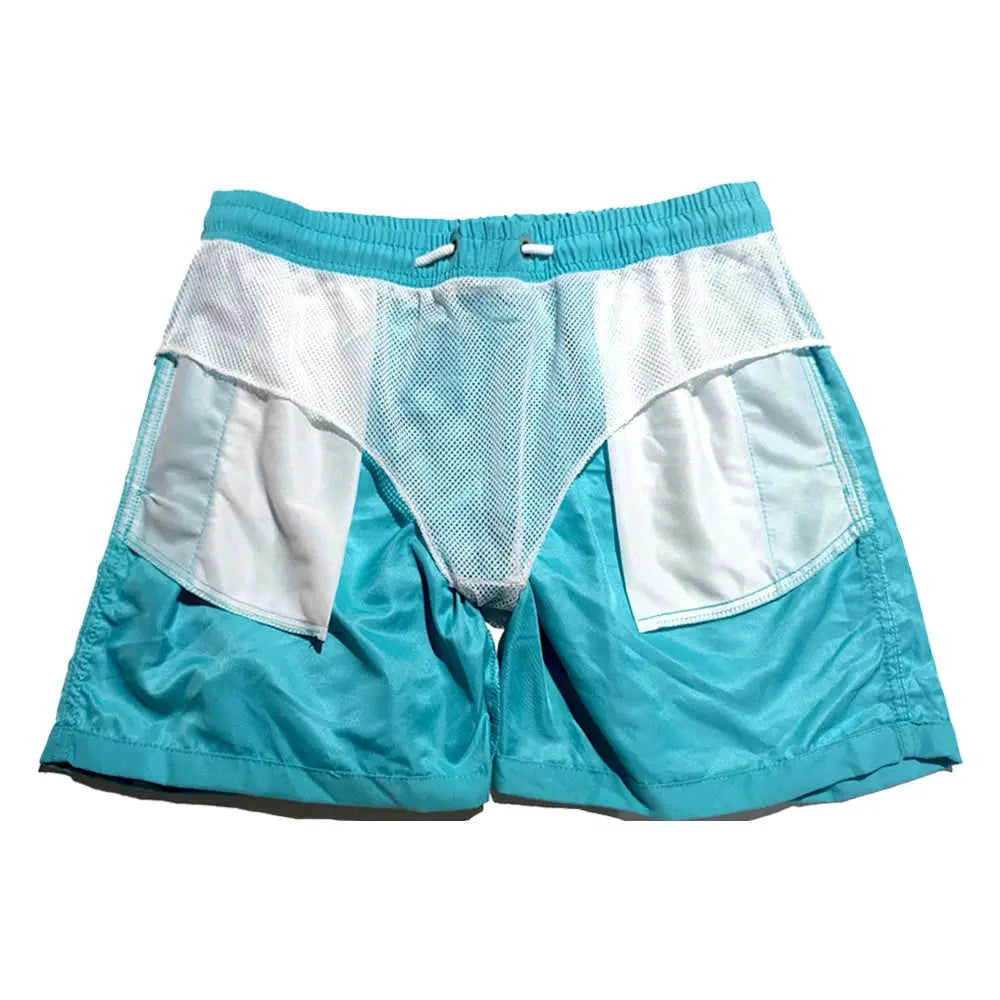Men's turquoise swim shorts with quick-dry fabric, drawstring waist and pockets.