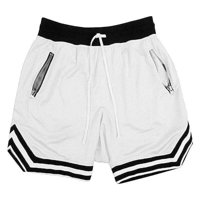 Men's white mesh basketball shorts with black waistband, zip pockets, and black striped hem.