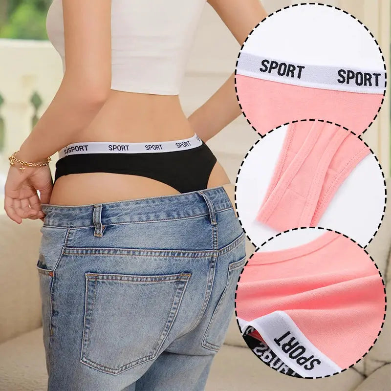 FINETOO 4-piece women’s cotton thong set; black thong on model with white sport waistband, pink fabric close-ups.