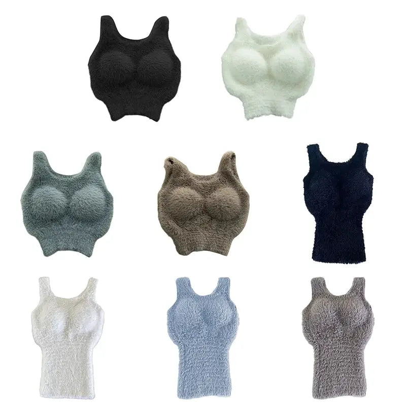 Nine plush fleece tank tops for girls in assorted colors; warm imitation cashmere knit camisoles.