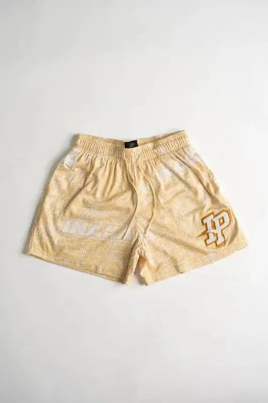 Men's beige mesh shorts with elastic waist and IP logo on leg; breathable quick-dry fitness beach shorts