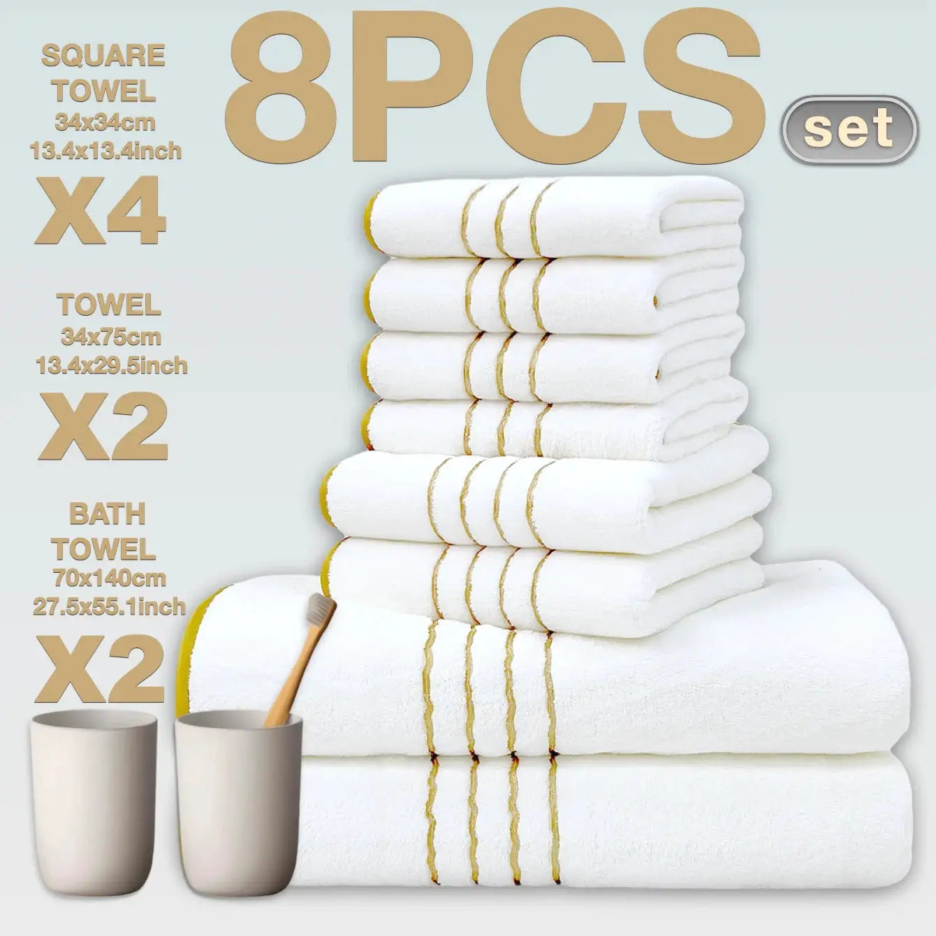 Simples Market 8-piece cotton towel set, white with gold trim; 4 square towels, 2 standard towels, 2 bath towels
