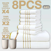 Simples Market 8-piece cotton towel set, white with gold trim; 4 square towels, 2 standard towels, 2 bath towels