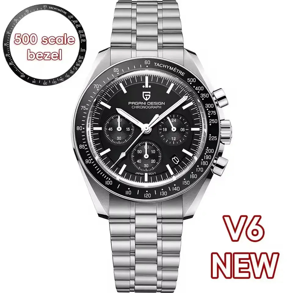 Pagani Design 500 Speedometer chronograph watch, stainless steel 316L bracelet, black dial with tachymeter bezel