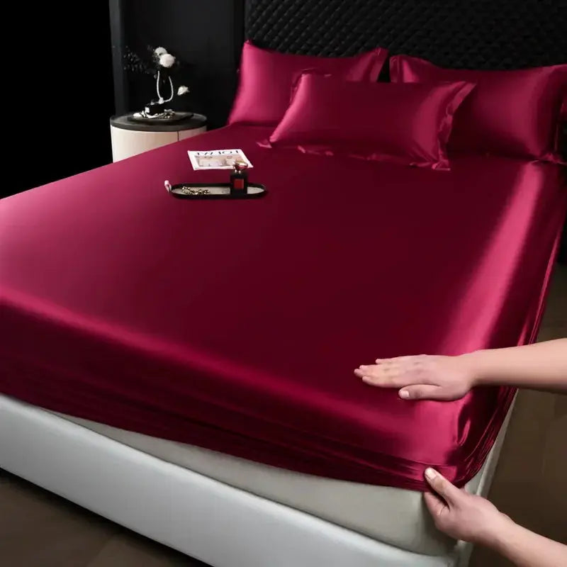 Simples Market 3-pc mulberry silk fitted sheet set with pillowcases in deep burgundy satin