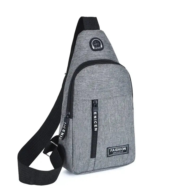 Chest bag in grey Oxford cloth with black zippers, waterproof casual crossbody messenger with adjustable strap.