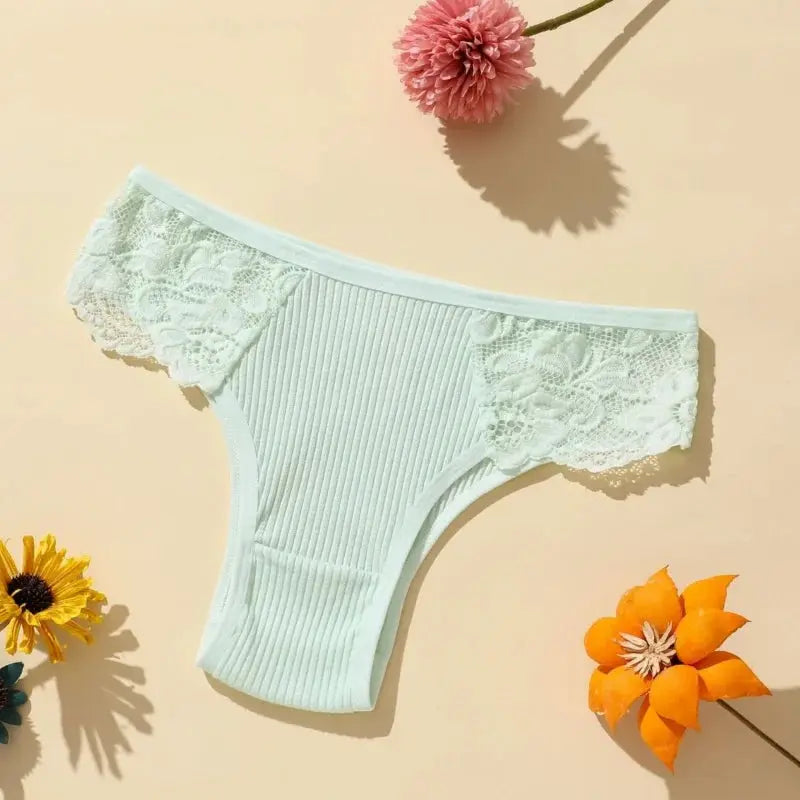 5Pcs set women's cotton panties with floral lace side panels, ribbed mint low-rise briefs