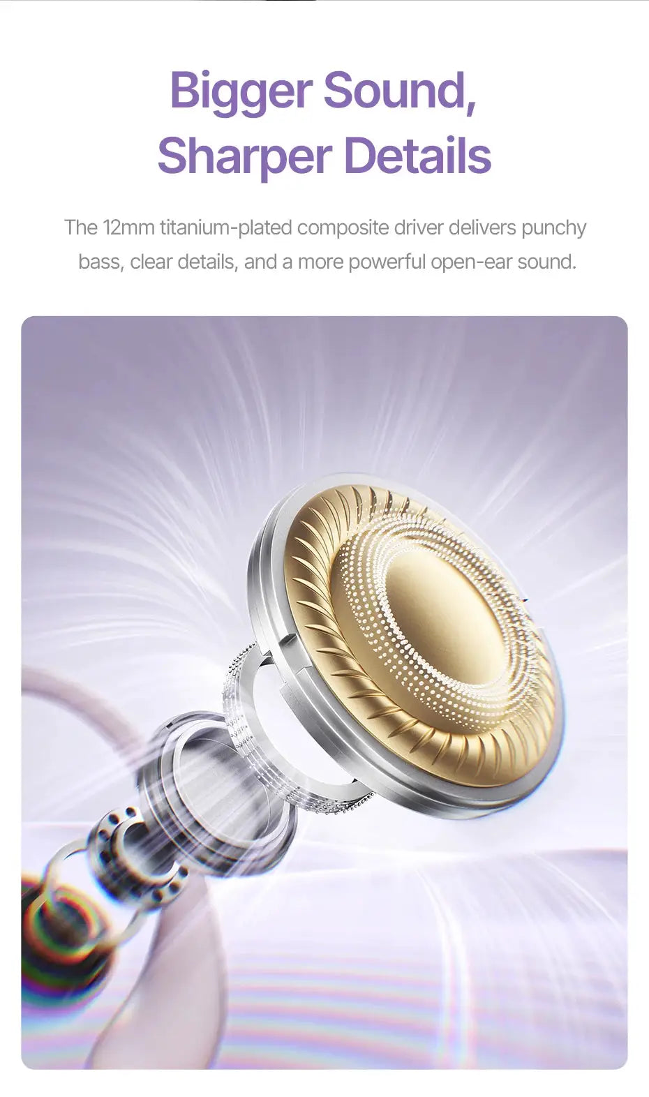 Baseus BF1 Lite open-ear wireless earphones with metallic gold and silver driver close-up