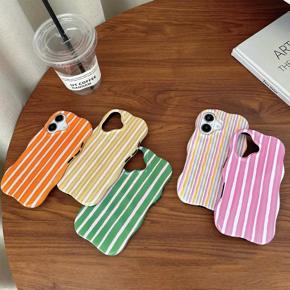 Fashion 2 In 1 Glossy Stripes Phone Case For iPhone 13 14 15 16 Pro Max With Wave Edges And Slim Hard Back Cover