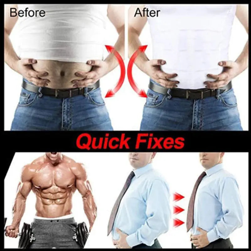 Men's shapewear slimming body corset vest by Simples Market, white waist cincher shown in before/after comparison.
