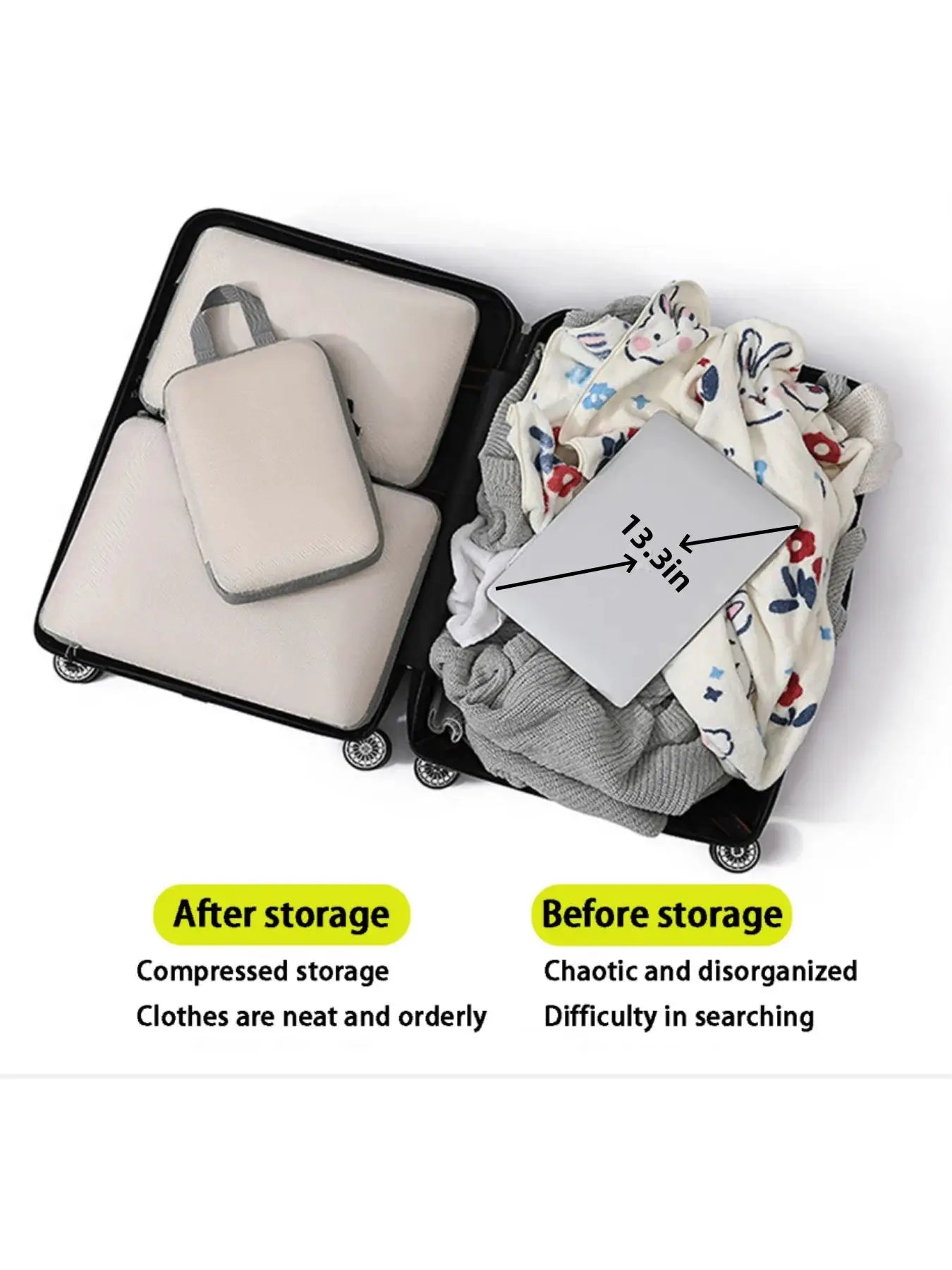 Simples Market 4pc packing cube set; beige waterproof travel clothing organizer inside a suitcase