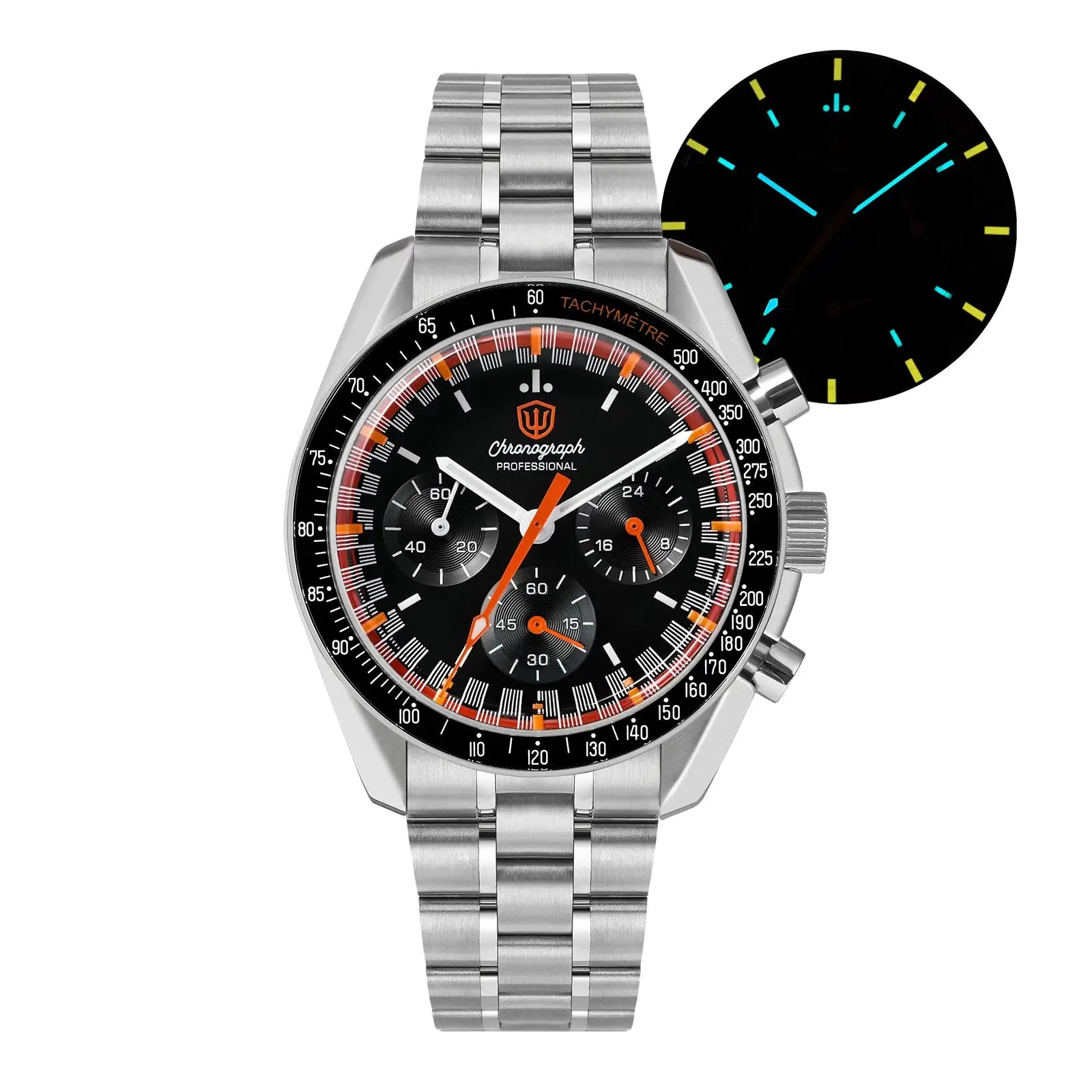 Watch WD1863 chronograph with bubble sapphire crystal, stainless steel, black dial, orange tachymeter accents