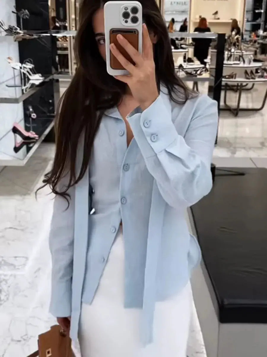 Wolfeel belted shirt cardigan top in light blue 100% cotton, women's slim blouse by Simples Market
