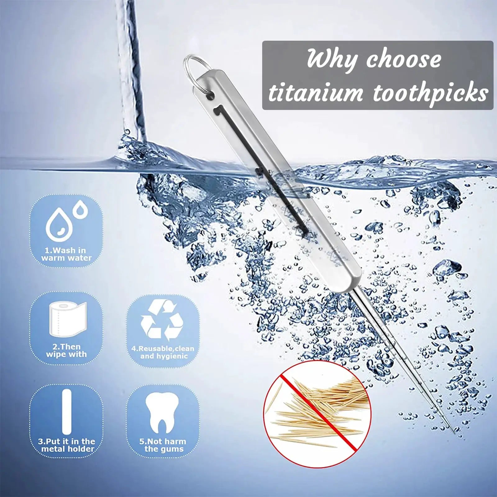 Portable titanium toothpick in metal pocket holder with loop by Simples Market for camping