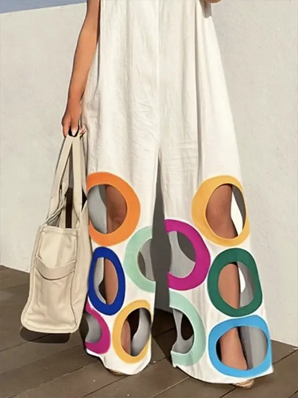 Yeezzi women rainbow hollow wide-leg jumpsuit, white fabric with colorful circular cutouts at the hems