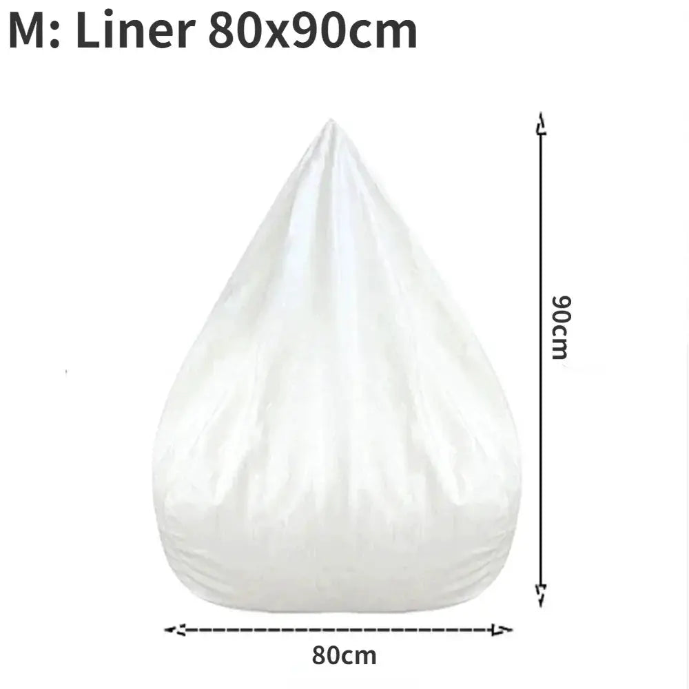 Bean bag lounger in white linen fabric with teardrop shape, 80x90 cm.