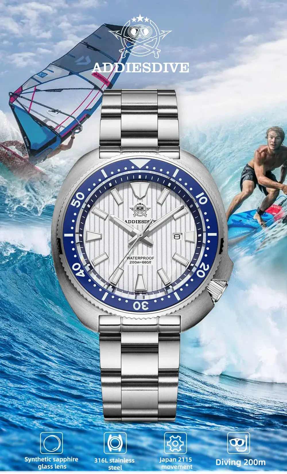 ADDIESDIVE Men's New Outdoor Quartz Watch 200M Diving BGW9 Super Blue Luminous Watch Sapphire Glass Men's Stainless Steel Watch