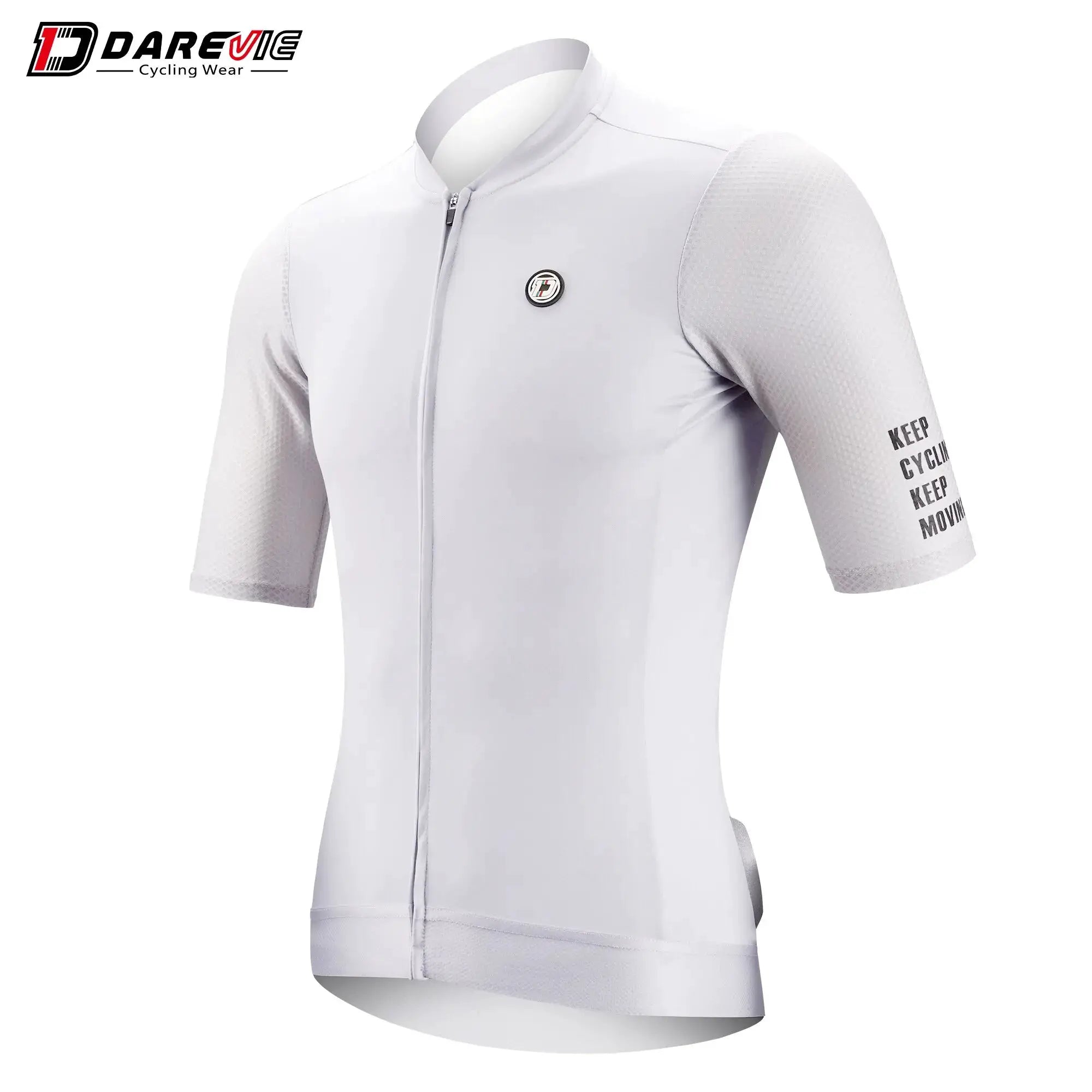 DAREVIE white cycling jersey, breathable fabric with chest logo badge.
