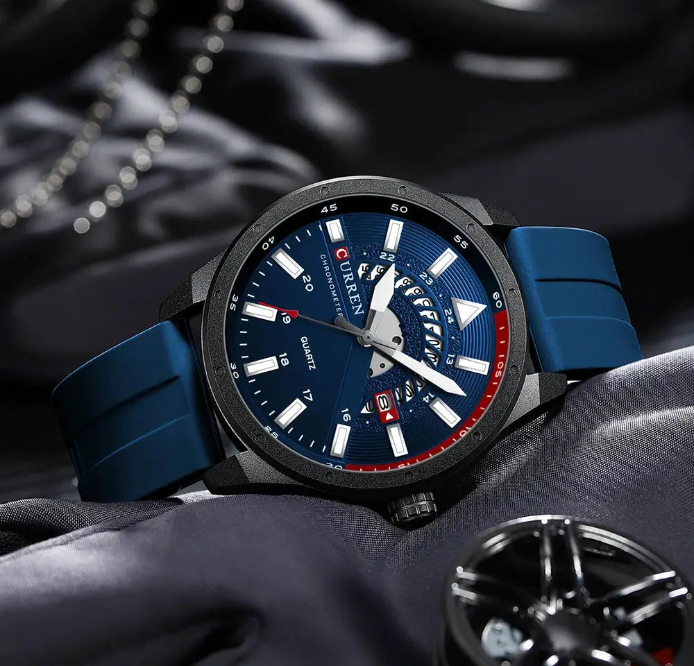 CURREN men's wristwatch with blue dial, blue silicone strap, black case and date display