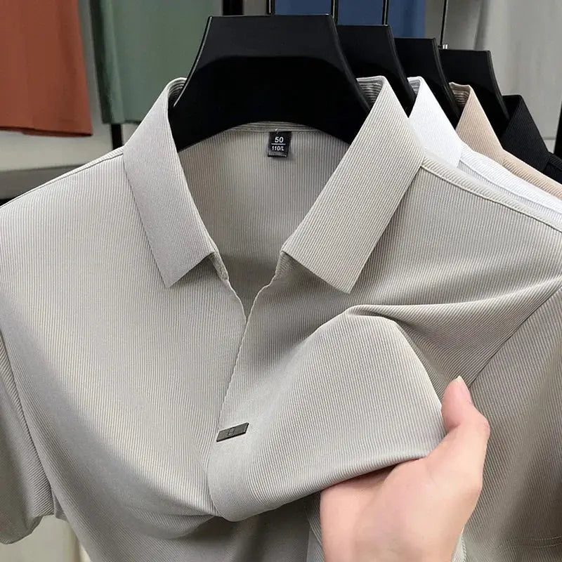 Men's solid-color polo shirt on hanger; gray ribbed fabric, short sleeves, four-color display white/beige/gray/black