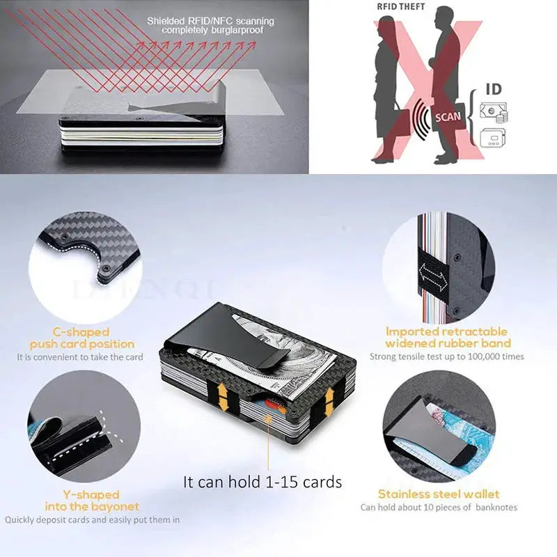 Minimalist RFID-blocking aluminum wallet for men, black with money clip by Simples Market, holds 1-15 cards