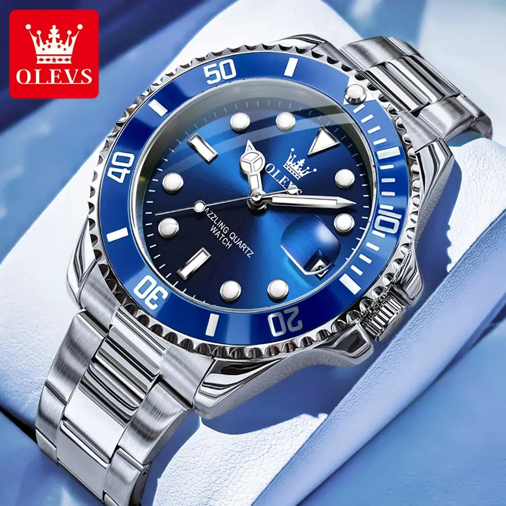 OLEVS 5885 stainless steel men's watch with blue dial, blue bezel, luminous markers and date window