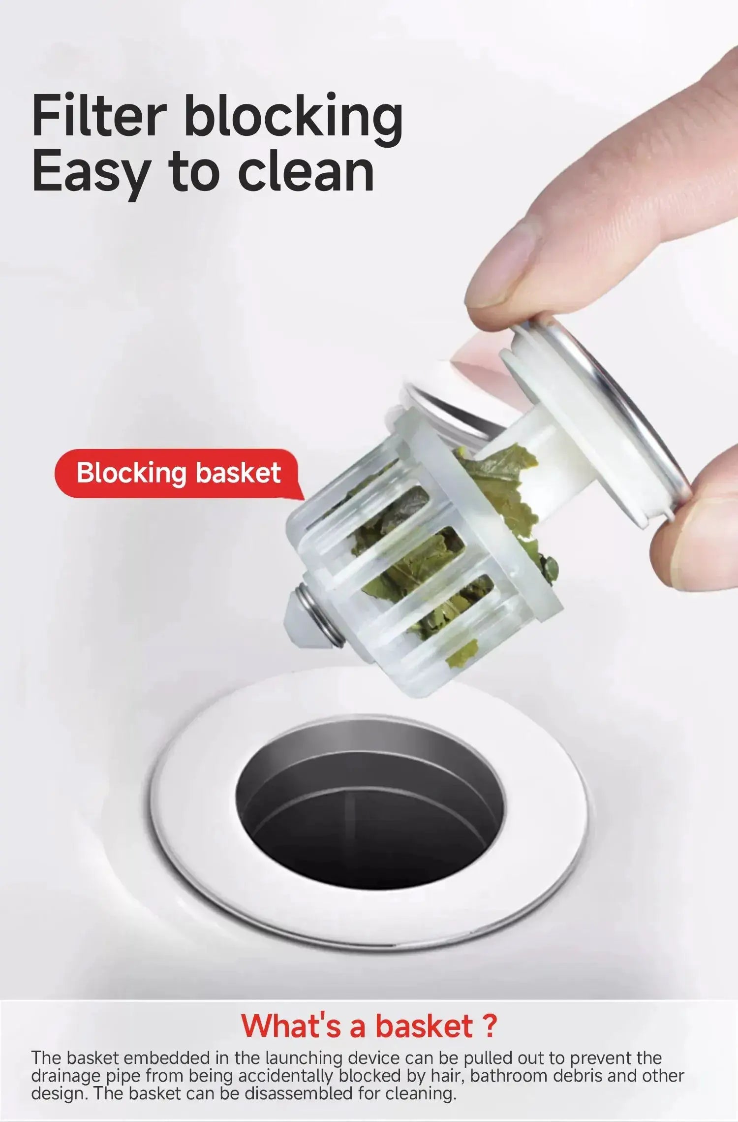 Universal basin drain filter basket in clear plastic with metal rim, being pulled from a sink drain.