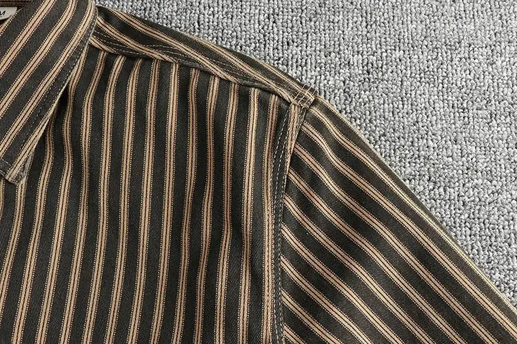 Striped long-sleeve collared shirt, black and tan retro stripes, casual washed look
