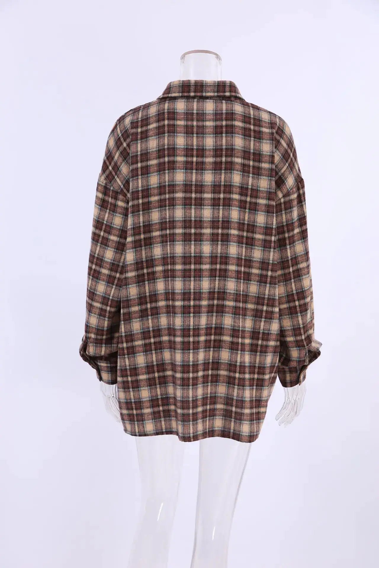 Spring Autumn Vintage Plaid Checkered Shirt, women's long sleeve loose-fit blouse in brown beige red plaid