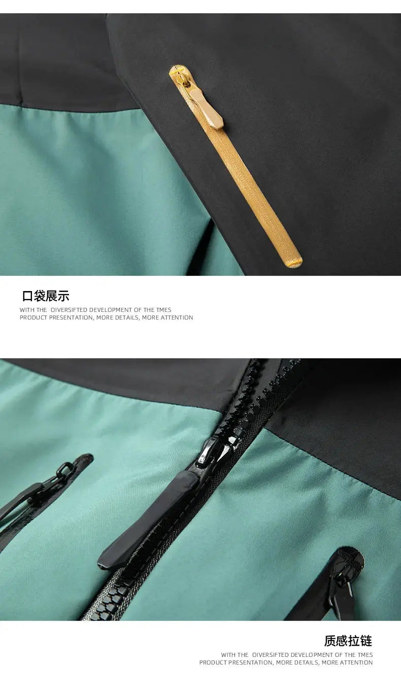 Men's windproof hooded jacket by Simples Market, black and teal color-block with gold zippers