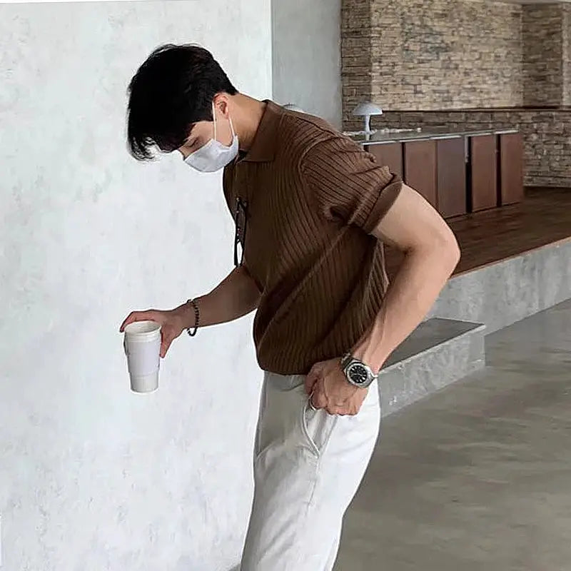 Men's brown ribbed knit polo shirt, short sleeves, Simples Market
