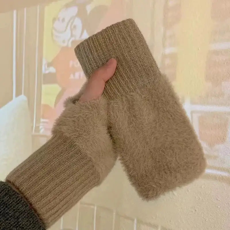 Autumn Winter Soft Mink Fleece Half Finger Gloves for Women Plush Fingerless Wrist Mittens for Driving and Writing
