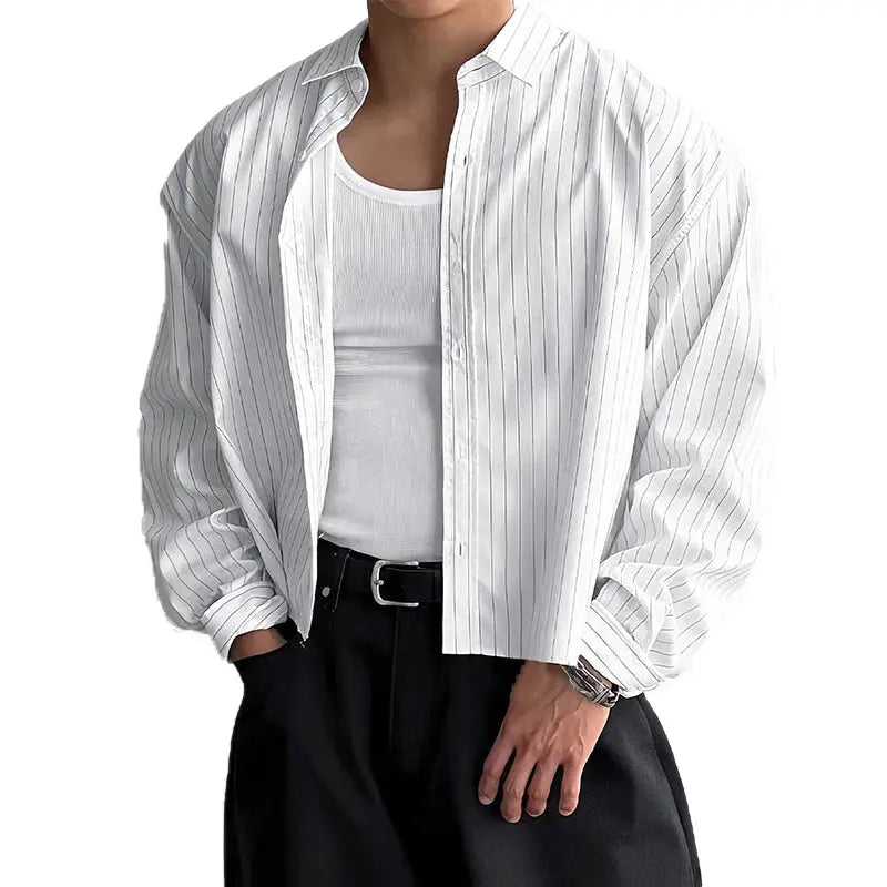 Men's white pinstripe shirt cardigan, loose-fit, long sleeves, open-front over white top